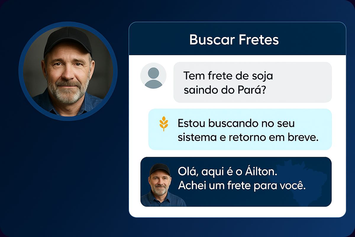 Mockup de conversa no aplicativo Buscar Fretes: o cliente pergunta se tem frete de soja saindo do Pará; o agente responde que está buscando no sistema e retorna em breve; depois o agente volta e diz: Olá, aqui é o Áilton, achei um frete para você.