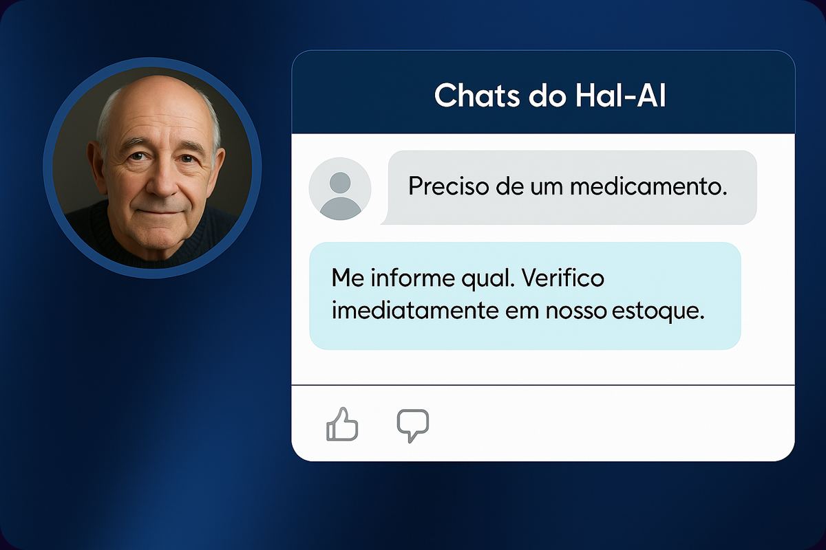 Mockup de conversa em um painel chamado Chats do Hal-AI, ao lado da foto de um homem idoso. O paciente escreve: Preciso de um medicamento. O agente responde: Me informe qual. Verifico imediatamente em nosso estoque.
