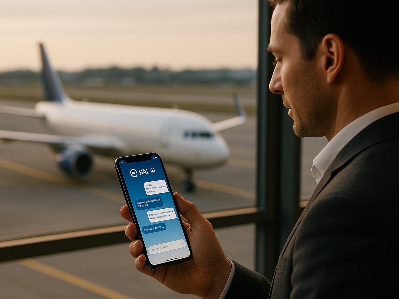 Passageiro consulta o celular em um saguão de aeroporto enquanto o assistente da Hal-AI exibe o status do voo e o cartão de embarque.