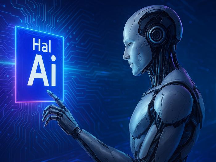 Figura humanoide de inteligência artificial tocando um painel luminoso com a marca Hal-AI sobre fundo de trilhas de circuito.